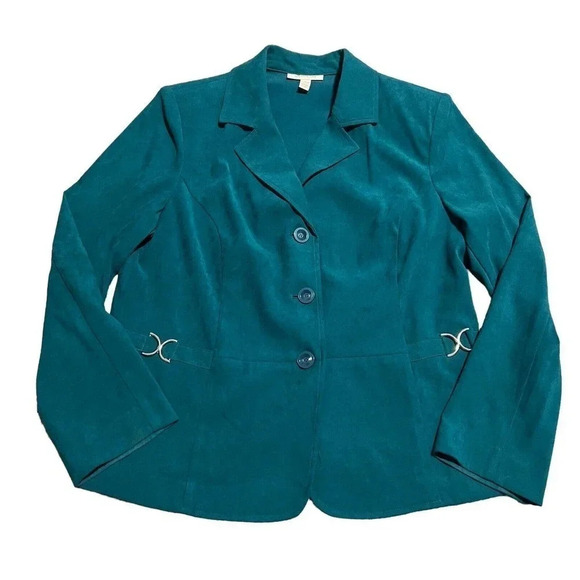 JM Collection Woman Teal Faux Suede Blazer Jacket Silver Accent Size 14 3 Button - Picture 1 of 4